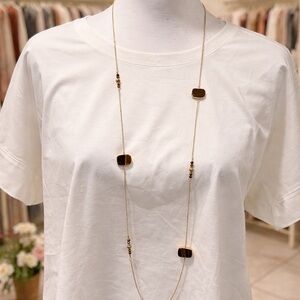 Bitna Tiger Eye Station Necklace Long Gold Tone Natural Stone
